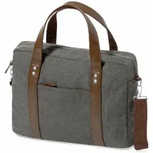 A grey laptop bag with brown leather handles, featuring a front pocket and a removable shoulder strap.