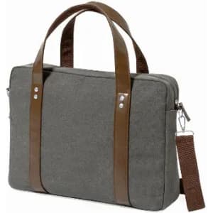 A grey laptop bag with brown handles and a detachable strap, featuring a zippered compartment.