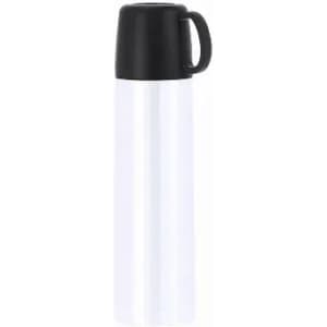 A drink bottle in white with a black lid and handle, featuring a logo on the side.