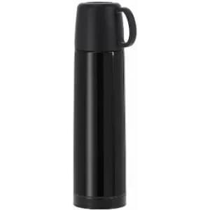 A black drink bottle with a sleek design and a handle for easy carrying. It features a lid for secure closure.