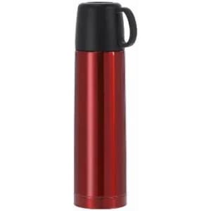 A drink bottle in a shiny red finish with a black lid and carrying handle. It features a sleek design.
