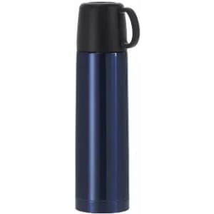 A drink bottle in a deep navy blue colour with a black cap and handle, featuring a logo on the side.