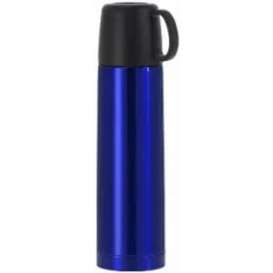 A drink bottle in bright blue with a black lid and handle, featuring a sleek, shiny finish and a logo.