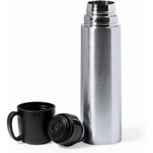 A stainless steel drink bottle in silver with a black lid and a black cup beside it. The bottle has a logo.