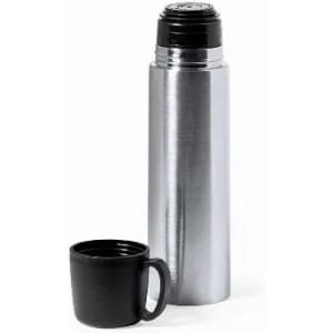 A stainless steel drink bottle with a black cup, featuring a sleek metallic finish and a black lid.