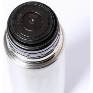 A drink bottle with a stainless steel finish and a black screw cap featuring a rubber seal.