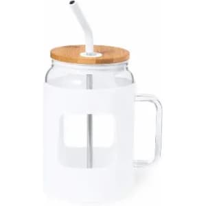 A drink bottle featuring a clear glass body, white silicone sleeve, bamboo lid, and a straw.