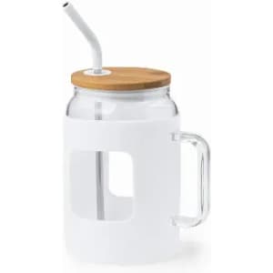 A drink bottle with a clear glass body, white silicone sleeve, bamboo lid, and a straw.