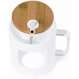 A drink bottle with a white body and a bamboo lid, featuring a straw and a handle. It has a simple design.