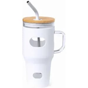 A drink bottle in white with a bamboo lid and metal straw, featuring a handle and unique opening design.