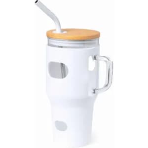 A drink bottle in white with a bamboo lid and straw, featuring a handle and cutouts.