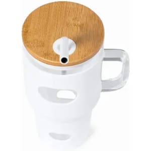 A drink bottle with a white body and a bamboo lid, featuring a straw and a handle for easy carrying.