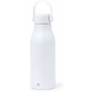 A drink bottle in white with a handle and a simple design, featuring a logo on the base.