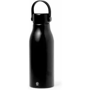 A drink bottle in sleek black with a carrying handle and a logo at the base.