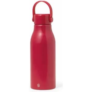 A drink bottle in vibrant red with a sleek design and a handle for easy carrying. Features a logo on the base.