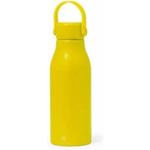 A drink bottle in vibrant yellow with a handle and a sleek design, featuring a logo on the front.