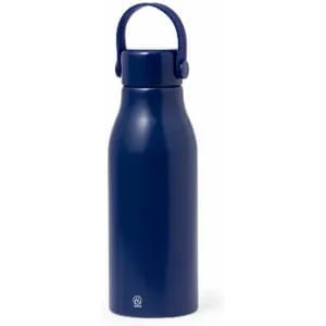 A drink bottle in navy blue with a handle and a logo at the base.