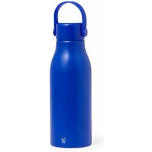 A drink bottle in vibrant blue with a carrying handle and a logo on its design.
