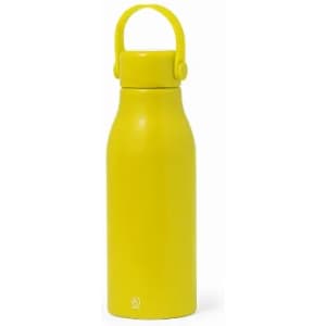 A drink bottle in bright yellow with a handle and a logo at the base.