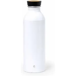 A drink bottle in white with a black cap, featuring a minimalist design and a visible branding logo.