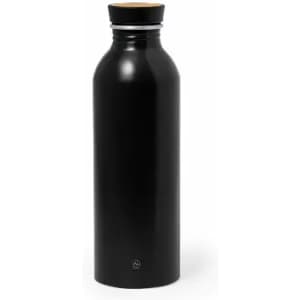 A drink bottle in a sleek black finish with a wooden lid and a simple logo on the front.