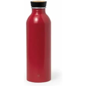 A drink bottle in vibrant red with a black cap, featuring a smooth, glossy finish. It has a logo on the side.