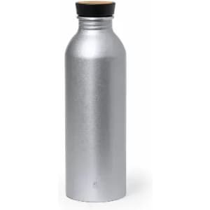 A drink bottle in a shiny silver finish with a black cap and a wooden accent on top.