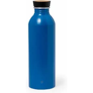A drink bottle in vibrant blue with a wooden cap and a sleek, modern design. It includes a logo on the surface.