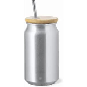 A drink bottle resembling a silver can with a bamboo lid and stainless steel straw. Features a logo.