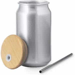 A drink bottle in a silver can design, featuring a wooden lid and a stainless steel straw.