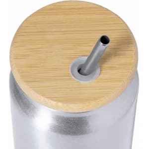 A drink bottle with a sleek silver body and a natural bamboo lid featuring a metal straw.
