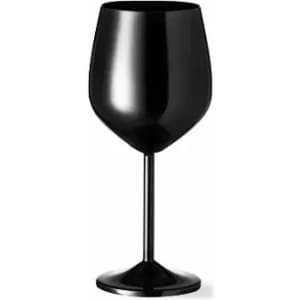 A black wine glass with a glossy finish and a slender stem. It has a modern, sleek design.