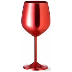 A drink bottle in the shape of a red wine glass with a shiny metallic finish. Features a sleek, modern design.