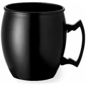 A drink bottle in a rounded black design with a unique handle. The surface has a glossy finish and features a logo.