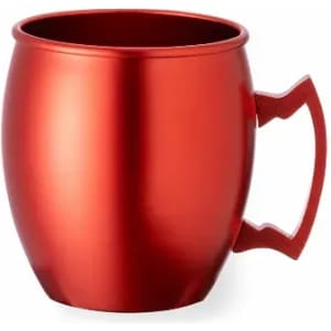 A drink bottle with a shiny red finish and a distinctive handle design. It features a logo on the side.