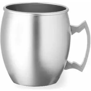 A drink bottle with a sleek stainless steel design and a unique handle. The surface is shiny and reflective.