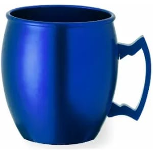 A blue drink mug with a curved body and a handle, featuring a smooth metallic finish and a logo.