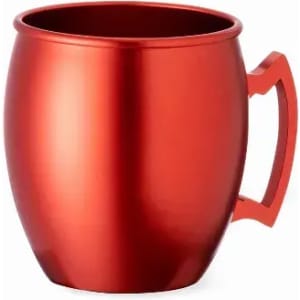 A drink bottle in a shiny red finish with a sturdy handle and an elegant, rounded shape. Features a logo.