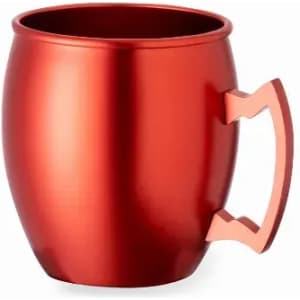 A drink bottle in a shiny red finish with a curved design and a metallic handle. It features a logo.