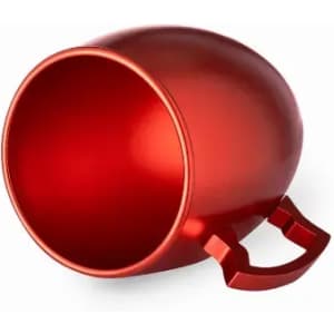 A drink bottle in a shiny red finish with a handle, featuring a rounded, bowl-like shape.