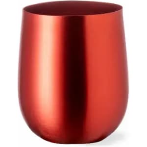 A drink bottle in a shiny metallic red finish with a rounded design. It features a logo on its surface.