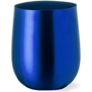A drink bottle in a sleek, shiny blue design with a rounded shape and a metallic finish. Features a logo.