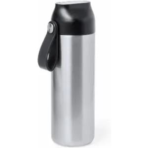 A drink bottle with a silver body and black cap, featuring a black strap. It has a logo on the body.