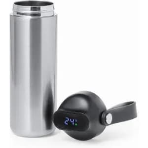 A drink bottle with a sleek silver finish and a black temperature display. The bottle has a simple black lid.