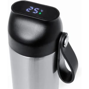 A drink bottle with a stainless steel body, black top, and digital temperature display. Features a handle attachment.