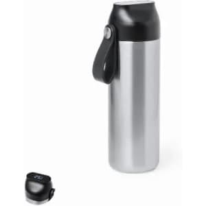 A drink bottle with a silver stainless steel body and a black lid, featuring a logo and a detachable black strap.