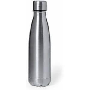 A drink bottle in sleek silver stainless steel with a smooth finish and a screw-on lid. It has a logo on the side.