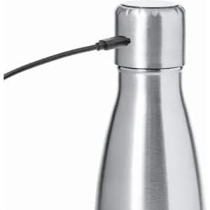 A drink bottle in shiny silver metal with a black cable attached to the top and a rounded lid.