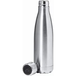 A drink bottle in stainless steel featuring a sleek, curved design and a lid with a digital temperature display.