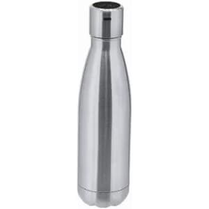 A drink bottle in a sleek silver finish with a stainless steel design and a branded cap.